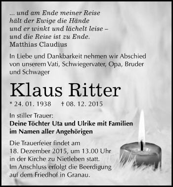 Traueranzeige von Klaus Ritter von Mitteldeutsche Zeitung Halle/Saalkreis
