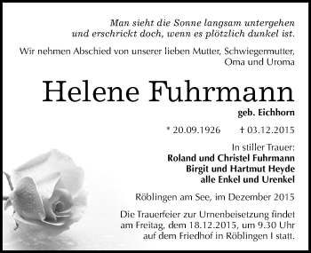 Traueranzeige von Helene Fuhrmann von Mitteldeutsche Zeitung Mansfelder Land
