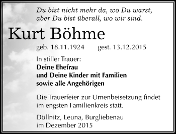 Traueranzeige von Kurt Böhme von Mitteldeutsche Zeitung Merseburg/Querfurt