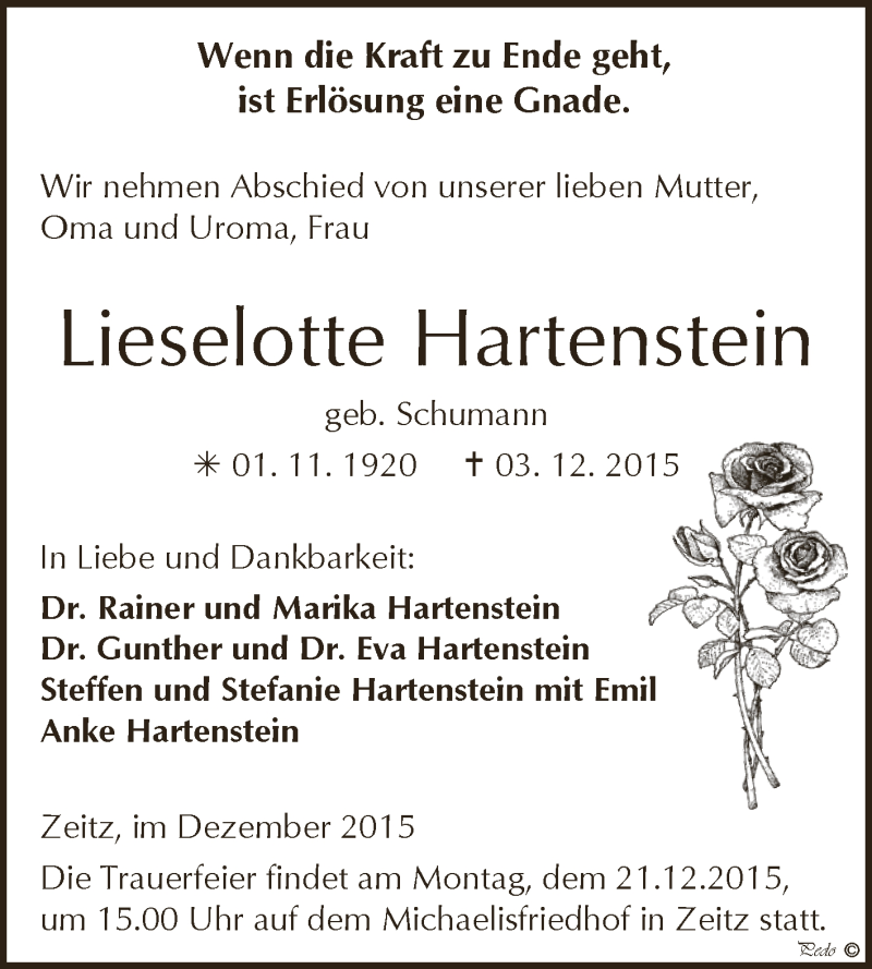  Traueranzeige für Lieselotte Hartenstein vom 12.12.2015 aus Super Sonntag Zeitz
