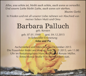 Traueranzeige von Barbara Palluch von Super Sonntag Aschersleben