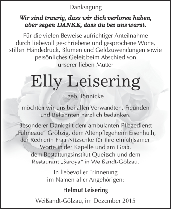 Traueranzeige von Elly Leisering von WVG - Wochenspiegel Dessau / Köthen