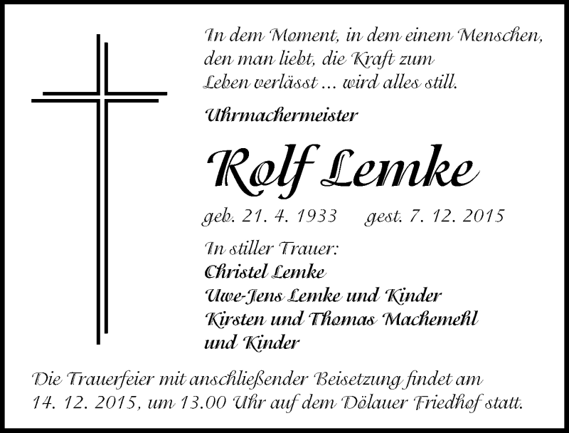  Traueranzeige für Rolf Lemke vom 12.12.2015 aus Mitteldeutsche Zeitung Halle/Saalkreis