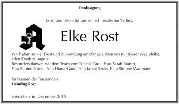 Traueranzeige von Elke Rost von Super Sonntag SGH Mansf. Land