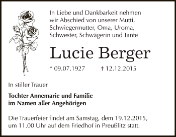 Traueranzeige von Lucie Berger von WVG - Wochenspiegel Bernburg