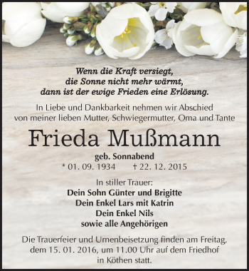 Traueranzeige von Frieda Mußmann von Mitteldeutsche Zeitung Köthen