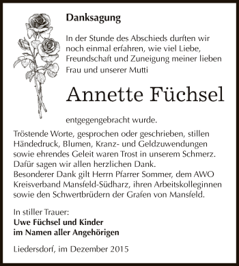 Traueranzeige von Annette Füchsel von Super Sonntag SGH Mansf. Land