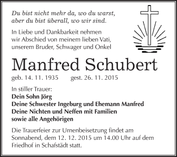 Traueranzeige von Manfred Schubert von WVG - Wochenspiegel Merseburg