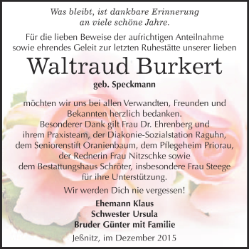 Traueranzeige von Waltraud Burkert von WVG - Wochenspiegel Bitterfeld
