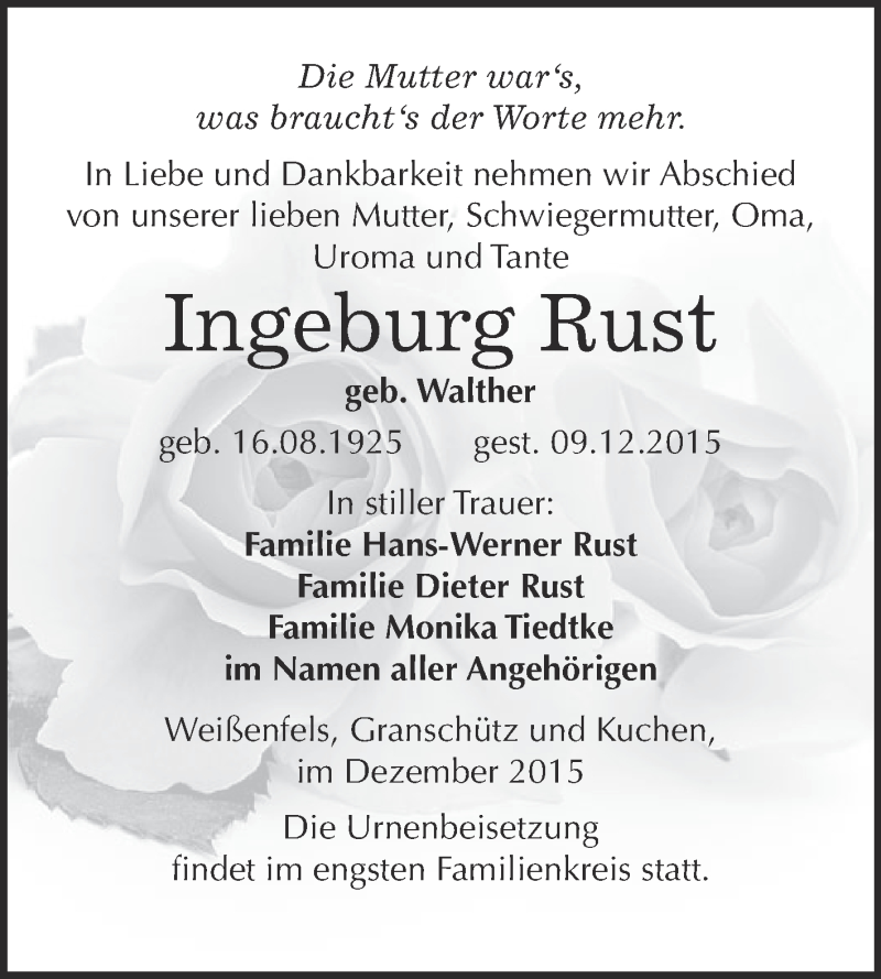  Traueranzeige für Ingeburg Rust vom 16.12.2015 aus WVG - Wochenspiegel NMB / WSF / ZTZ