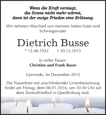 Traueranzeige von Dietrich Busse von Mitteldeutsche Zeitung Quedlinburg
