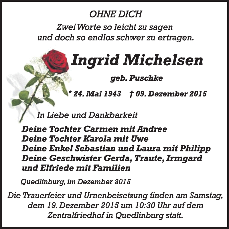  Traueranzeige für Ingrid Michelsen vom 12.12.2015 aus WVG - Wochenspiegel Quedlinburg