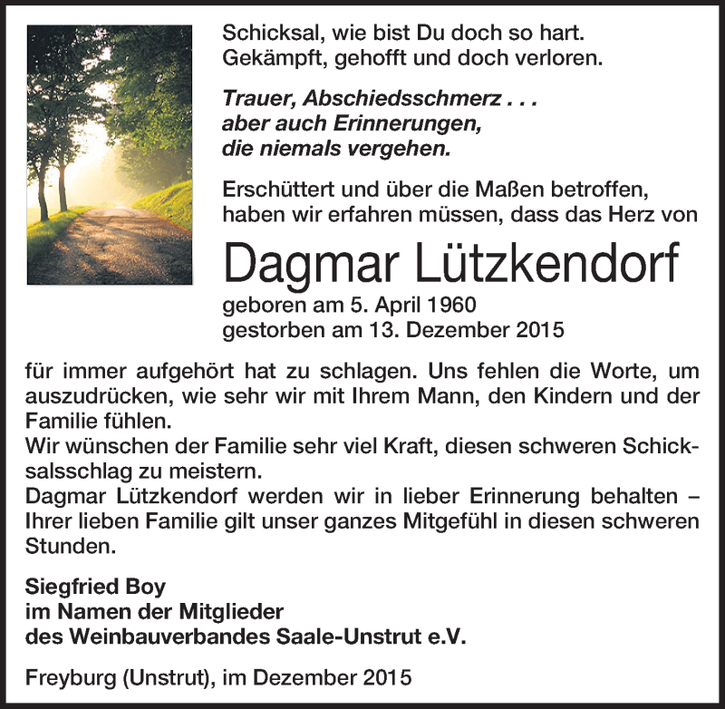  Traueranzeige für Dagmar Lützkendorf vom 23.12.2015 aus Mitteldeutsche Zeitung Naumburg/Nebra