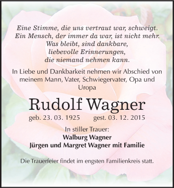 Traueranzeige von Rudolf Wagner von Mitteldeutsche Zeitung Zeitz