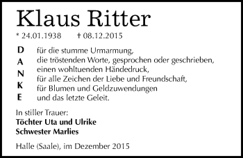Traueranzeige von Klaus Ritter von Mitteldeutsche Zeitung Halle/Saalkreis