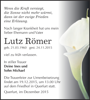 Traueranzeige von Lutz Römer von WVG - Wochenspiegel Merseburg