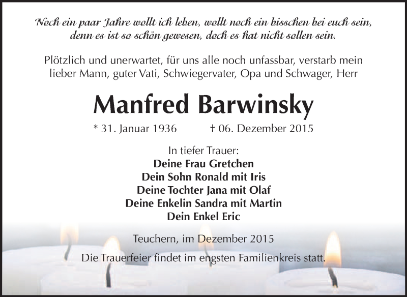 Traueranzeige für Manfred Barwinsky vom 16.12.2015 aus WVG - Wochenspiegel NMB / WSF / ZTZ