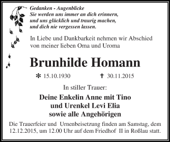 Traueranzeige von Brunhilde Homann von WVG - Wochenspiegel Dessau / Köthen