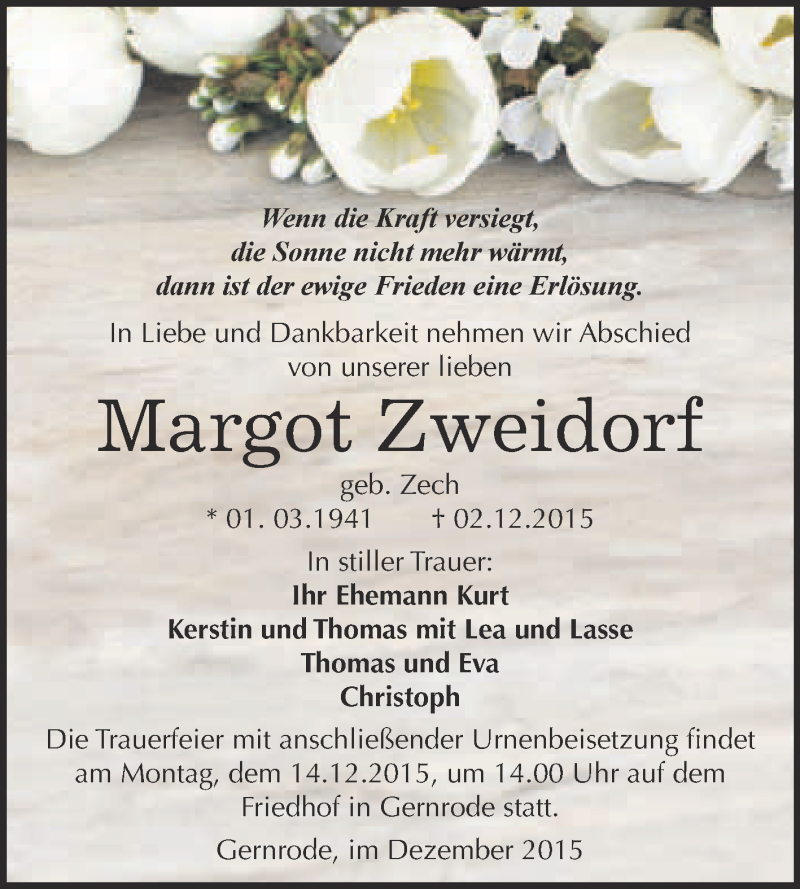  Traueranzeige für Margot Zweidorf vom 05.12.2015 aus WVG - Wochenspiegel Quedlinburg