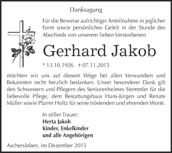 Traueranzeige von Gerhard Jakob von Super Sonntag Aschersleben