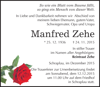 Traueranzeige von Manfred Zehe von Mitteldeutsche Zeitung Merseburg/Querfurt