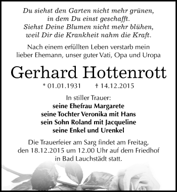 Traueranzeige von Gerhard Hottenrott von Mitteldeutsche Zeitung Merseburg/Querfurt