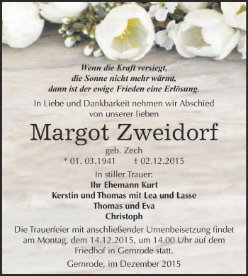 Traueranzeige von Margot Zweidorf von WVG - Wochenspiegel Quedlinburg