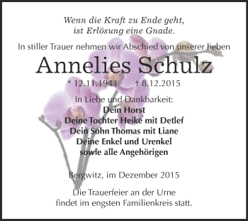 Traueranzeige von Annelies Schulz von WVG - Wochenspiegel Wittenberg