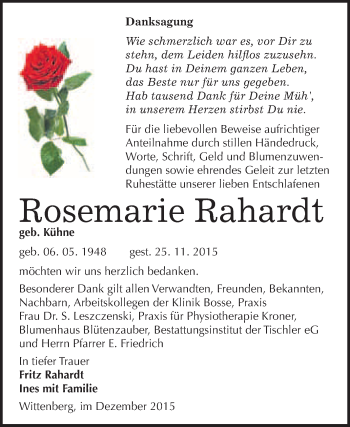 Traueranzeige von Rosemarie Rahardt von WVG - Wochenspiegel Wittenberg