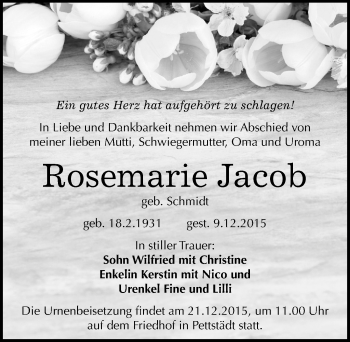 Traueranzeige von Rosemarie Jacob von Mitteldeutsche Zeitung Weißenfels