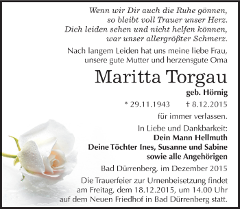 Traueranzeige von Maritta Torgau von Mitteldeutsche Zeitung Merseburg/Querfurt