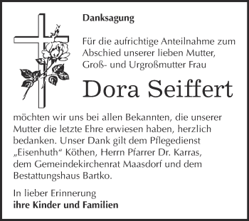 Traueranzeige von Dora Seiffert von WVG - Wochenspiegel Dessau / Köthen