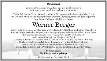 Traueranzeige von Werner Berger von Mitteldeutsche Zeitung Mansfelder Land