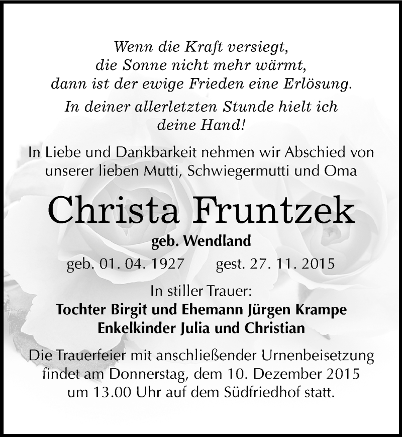  Traueranzeige für Christa Fruntzek vom 02.12.2015 aus Mitteldeutsche Zeitung Halle/Saalkreis