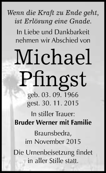 Traueranzeige von Michael Pfingst von WVG - Wochenspiegel Merseburg