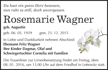Traueranzeige von Rosemarie Wagner von Mitteldeutsche Zeitung Halle/Saalkreis