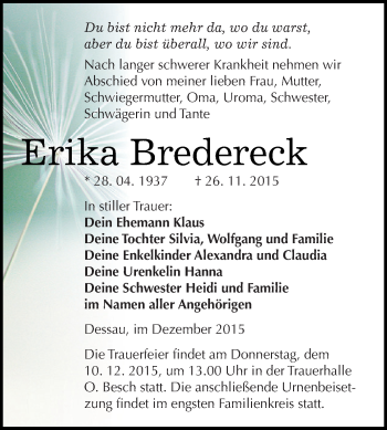 Traueranzeige von Erika Bredereck von WVG - Wochenspiegel Dessau / Köthen