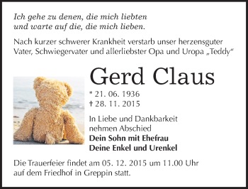 Traueranzeige von Gerd Claus von Mitteldeutsche Zeitung Bitterfeld