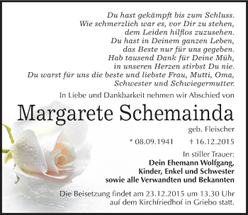 Traueranzeige von Margarete Schemainda von Mitteldeutsche Zeitung Wittenberg