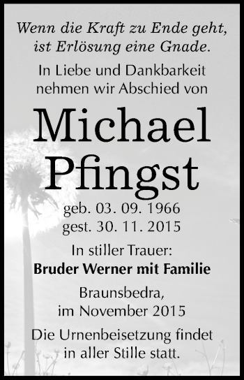 Traueranzeige von Michael Pfingst von Mitteldeutsche Zeitung Merseburg/Querfurt