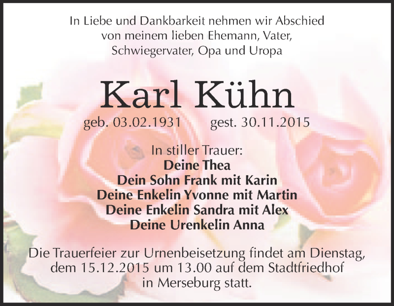  Traueranzeige für Karl Kühn vom 12.12.2015 aus WVG - Wochenspiegel Merseburg
