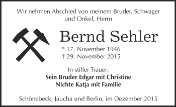 Traueranzeige von Bernd Sehler von WVG - Wochenspiegel NMB / WSF / ZTZ