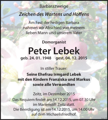 Traueranzeige von Peter Lebek von Super Sonntag Zeitz