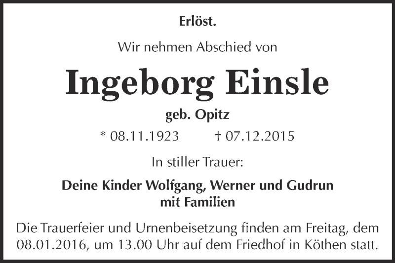  Traueranzeige für Ingeborg Einsle vom 16.12.2015 aus WVG - Wochenspiegel Dessau / Köthen