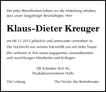 Traueranzeige von Klaus-Dieter Kreuger von Mitteldeutsche Zeitung Köthen