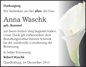 Traueranzeige von Anna Waschk von WVG - Wochenspiegel Quedlinburg