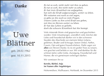 Traueranzeige von Uwe Blättner von WVG - Wochenspiegel NMB / WSF / ZTZ