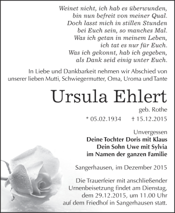 Traueranzeige von Ursula Ehlert von Super Sonntag SGH Mansf. Land