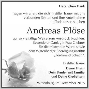Traueranzeige von Andreas Plöse von WVG - Wochenspiegel Wittenberg