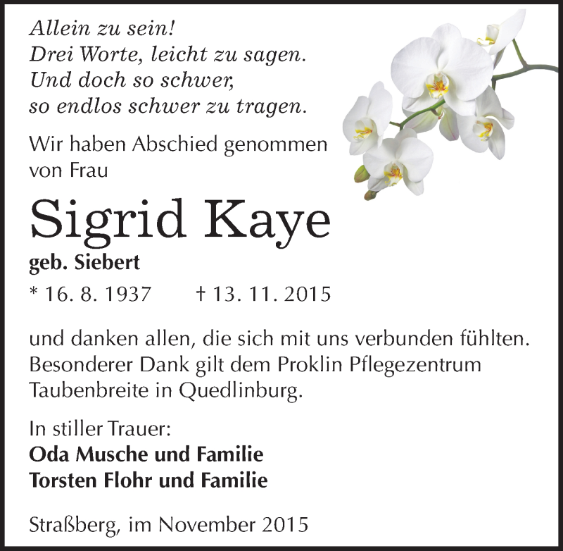  Traueranzeige für Sigrid Kaye vom 01.12.2015 aus Mitteldeutsche Zeitung Quedlinburg